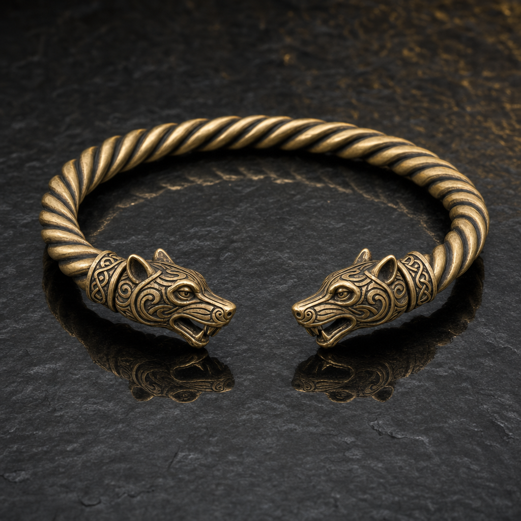 Viking Twisted Torc Neck Ring for Men — Wolf, Snake & Crow Terminal