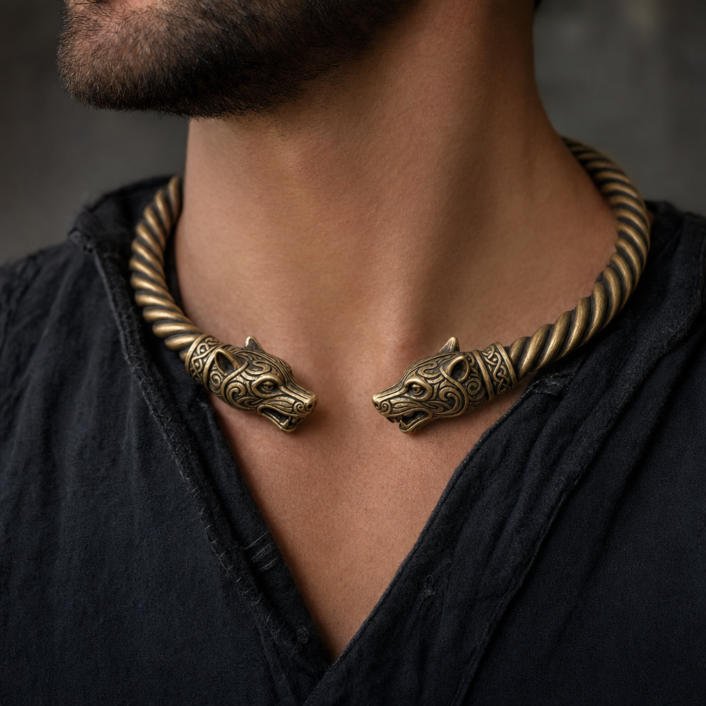 Viking Twisted Torc Neck Ring for Men — Wolf, Snake & Crow Terminal