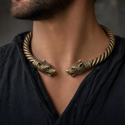 Viking Twisted Torc Neck Ring for Men — Wolf, Snake & Crow Terminal