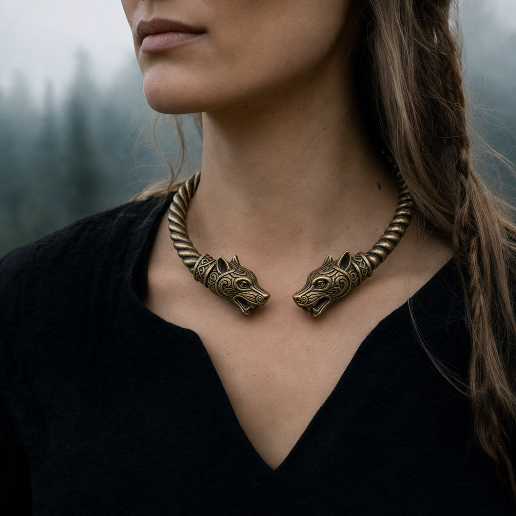 Viking Twisted Torc Neck Ring for Men — Wolf, Snake & Crow Terminal