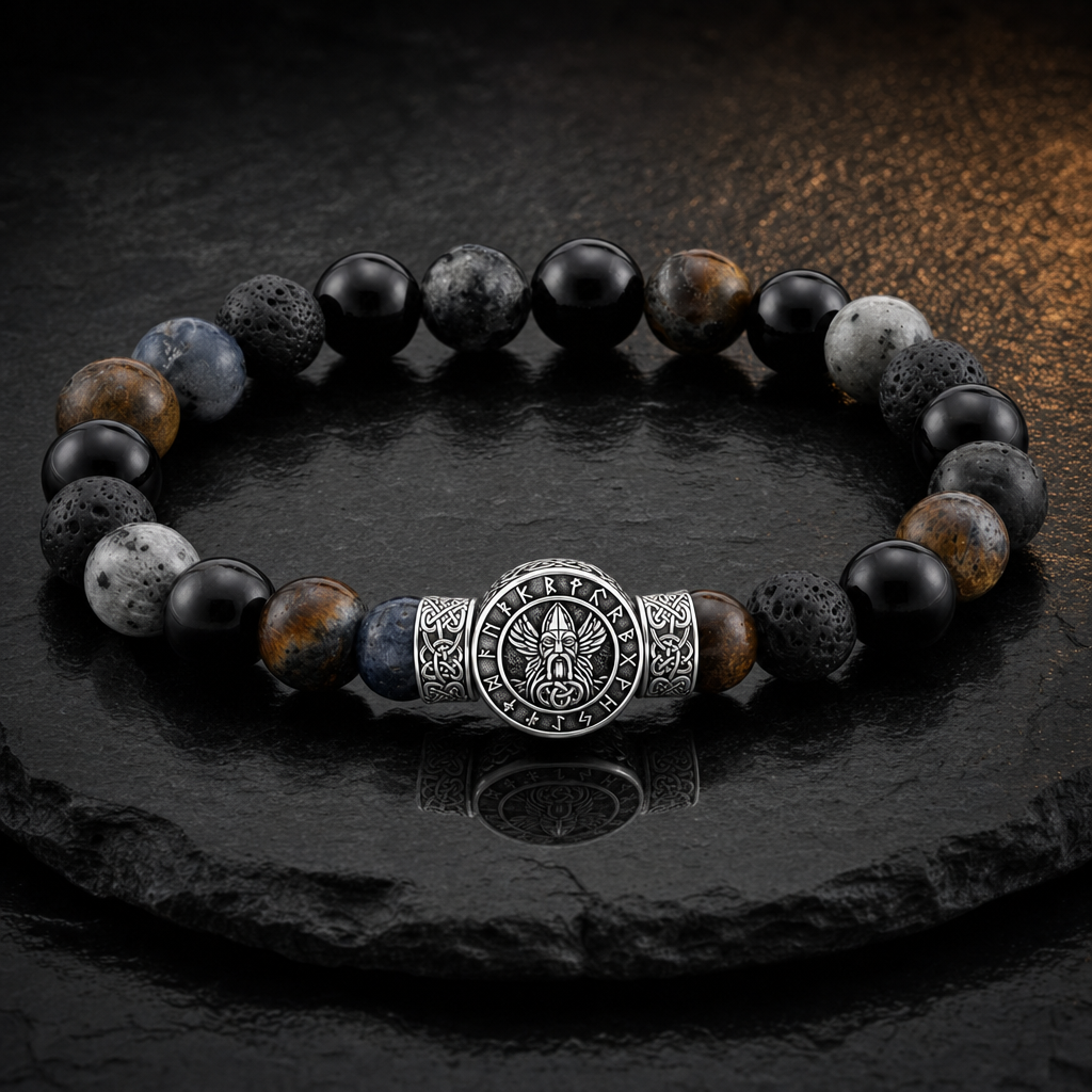 Norse Symbol Gemstone Bead Bracelet for Men