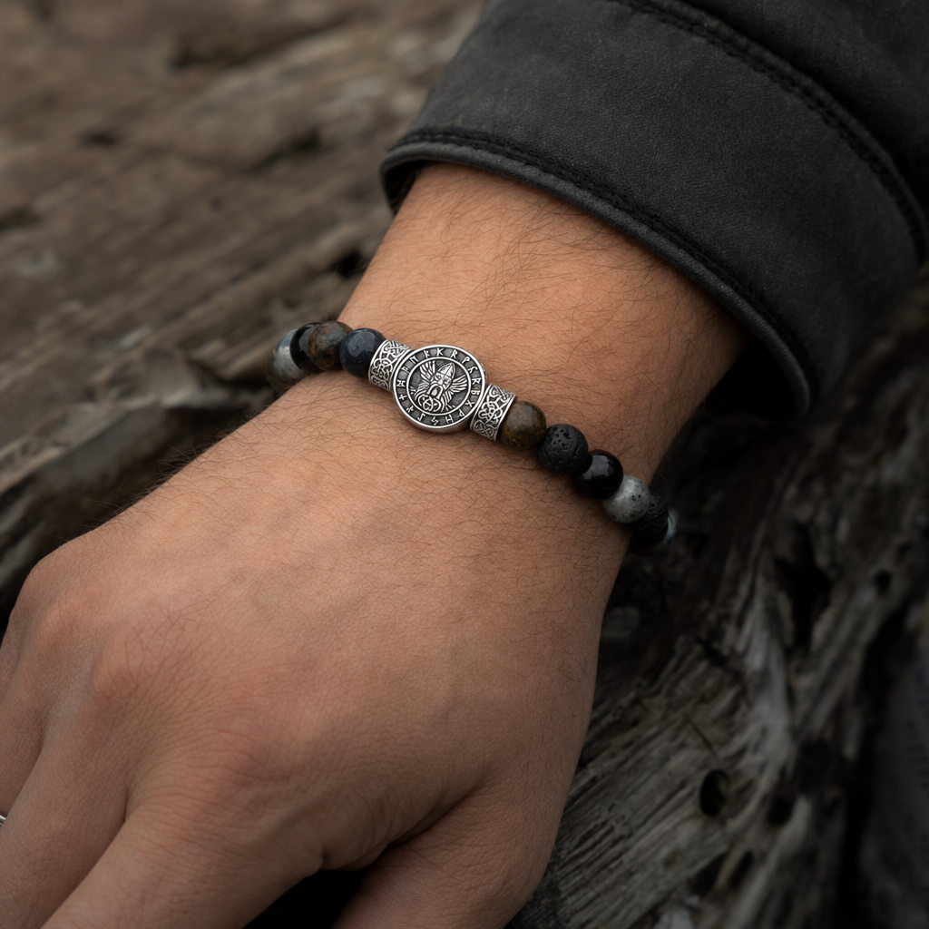 Norse Symbol Gemstone Bead Bracelet for Men