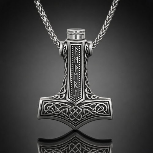 Viking Mjölnir Rune Cremation Urn Necklace for Men