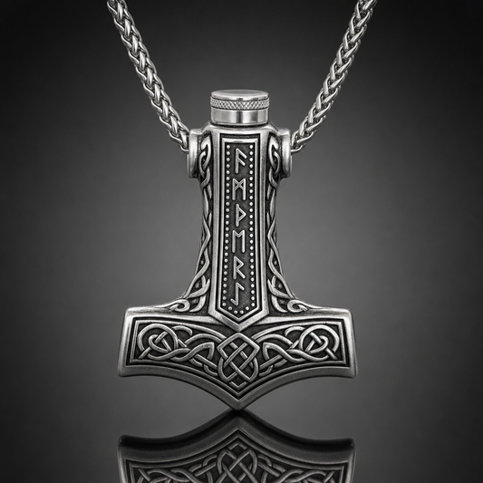 Viking Mjölnir Rune Cremation Urn Necklace for Men