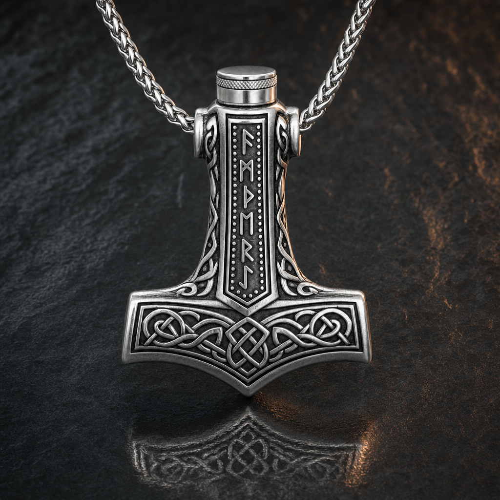 Viking Mjölnir Rune Cremation Urn Necklace for Men