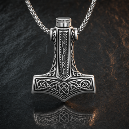 Viking Mjölnir Rune Cremation Urn Necklace for Men