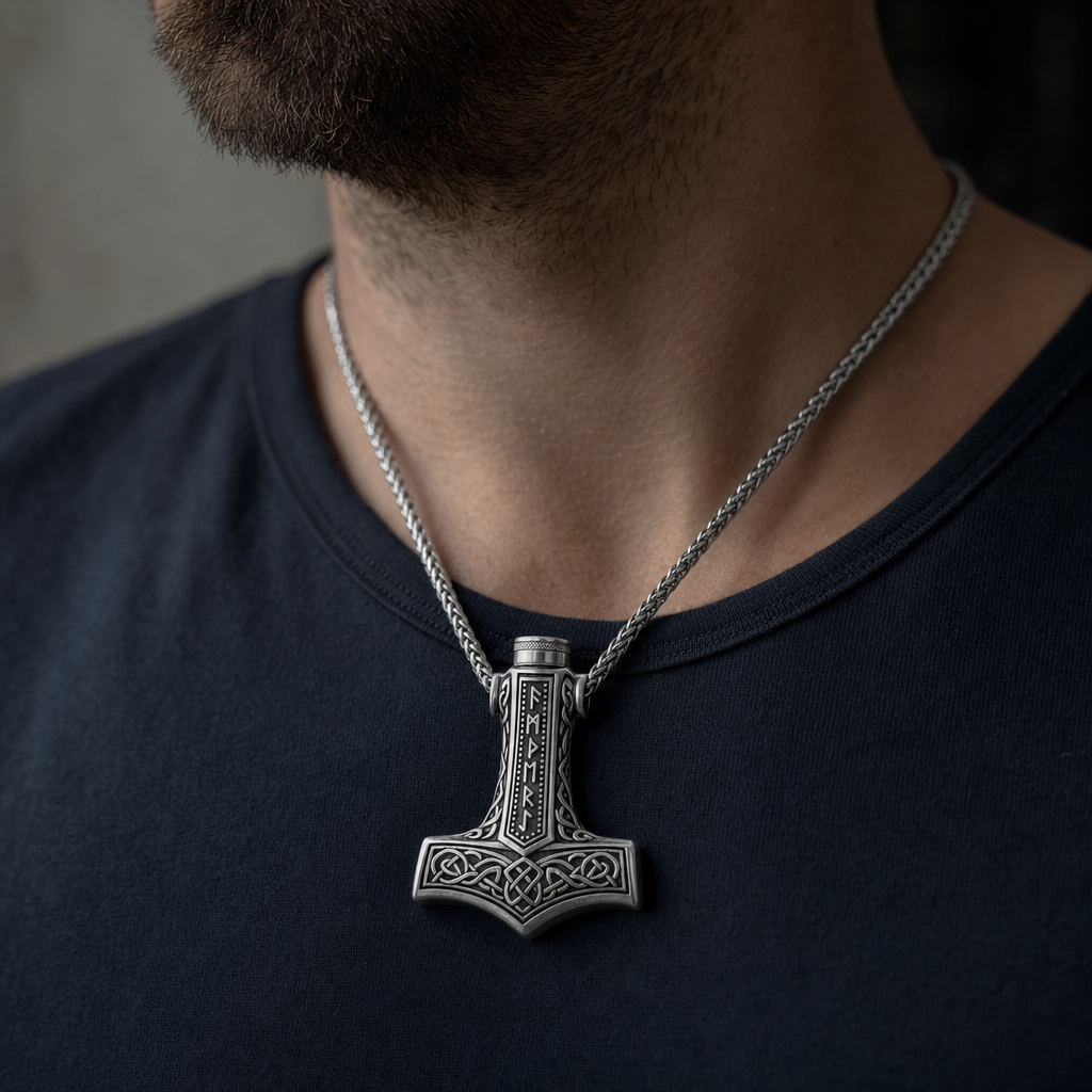 Viking Mjölnir Rune Cremation Urn Necklace for Men