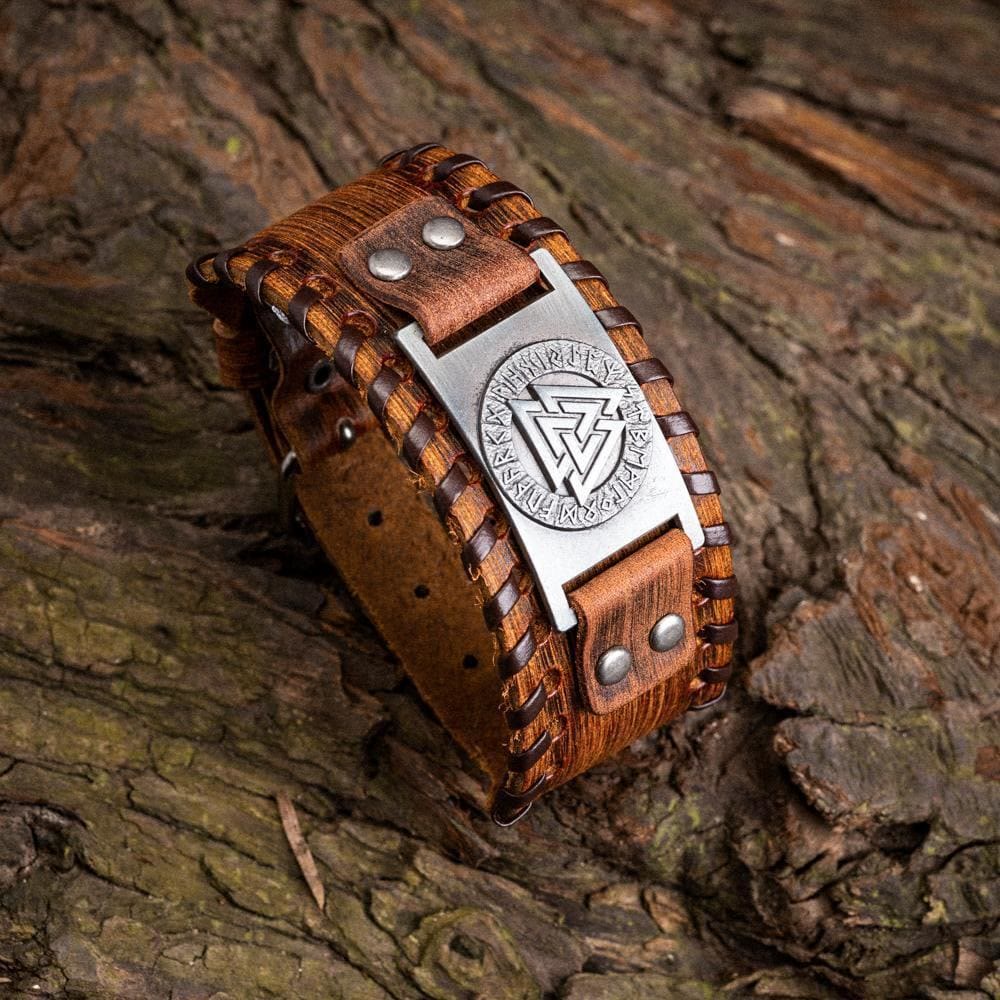 Genuine Leather Buckle Arm Cuff Valknut Rune Metal Bracelet