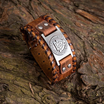 Genuine Leather Buckle Arm Cuff Valknut Rune Metal Bracelet