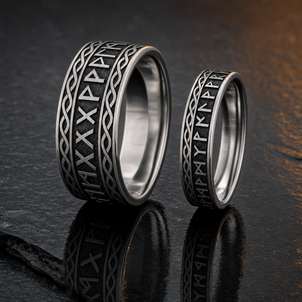 His & Hers Norse Rune Wedding Band Couple Set