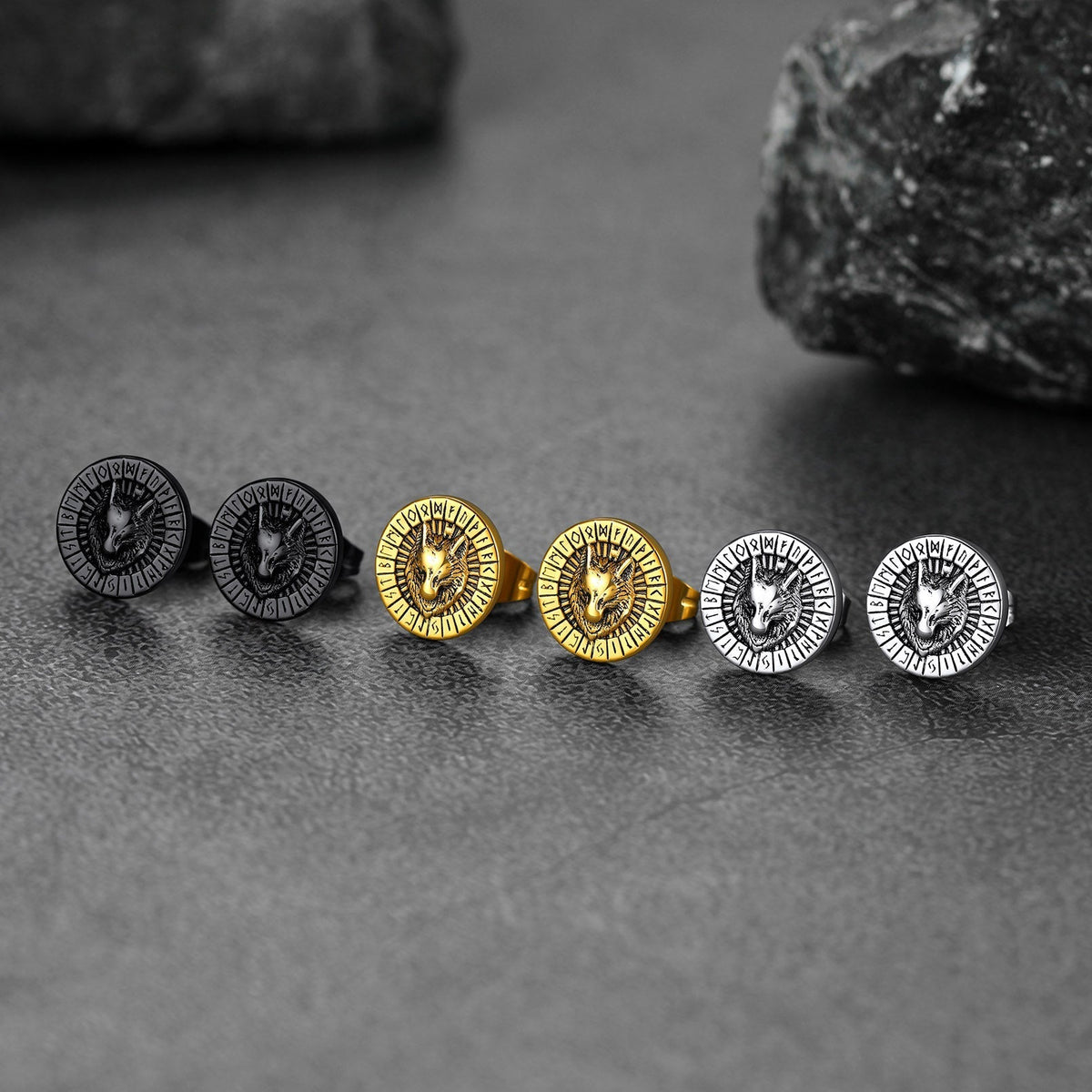 Viking Wolf Head Stud Earrings with Runes For Men
