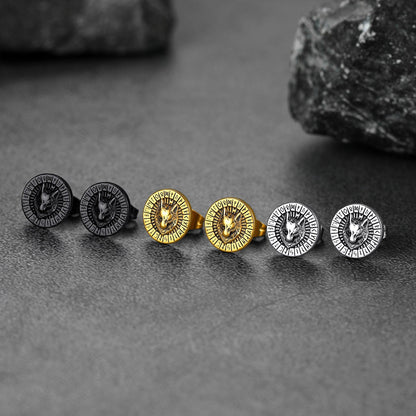 Viking Wolf Head Stud Earrings with Runes For Men