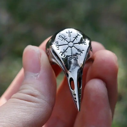 Men's Crow Skull Vegvisir Ring