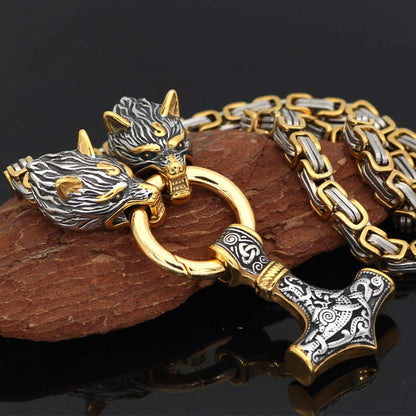 Vintage Viking Mjolnir With Wolves Necklace & Bracelet