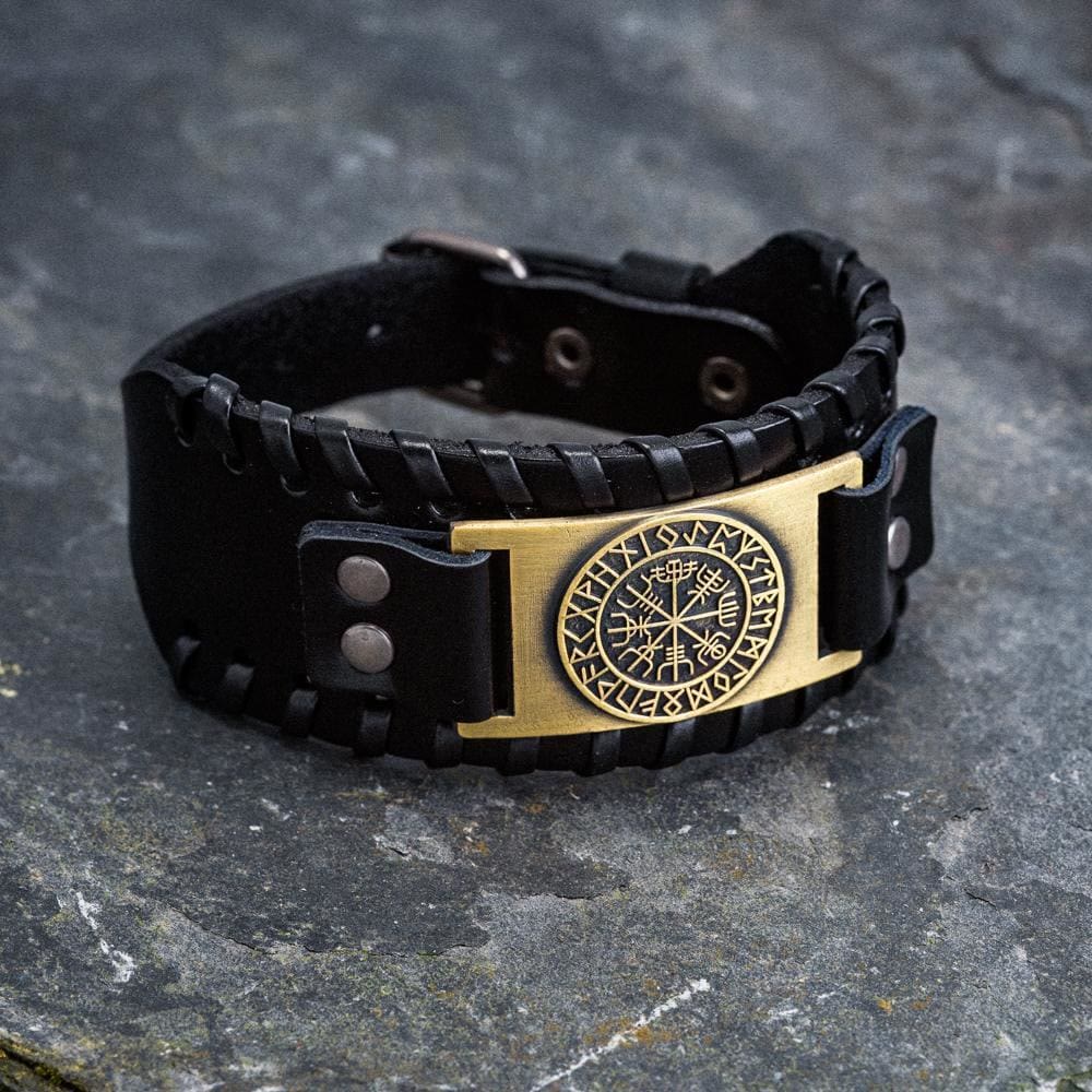 Genuine Leather Buckle Arm Cuff Vegvisir Metal Bracelet
