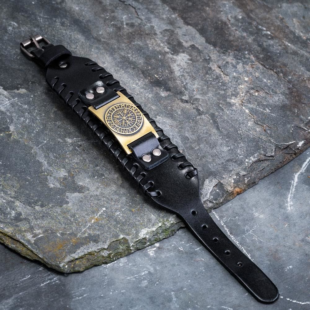 Genuine Leather Buckle Arm Cuff Vegvisir Metal Bracelet