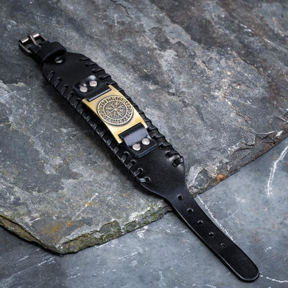 Genuine Leather Buckle Arm Cuff Vegvisir Metal Bracelet