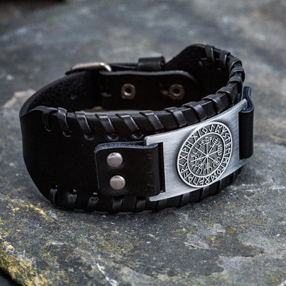Genuine Leather Buckle Arm Cuff Vegvisir Metal Bracelet