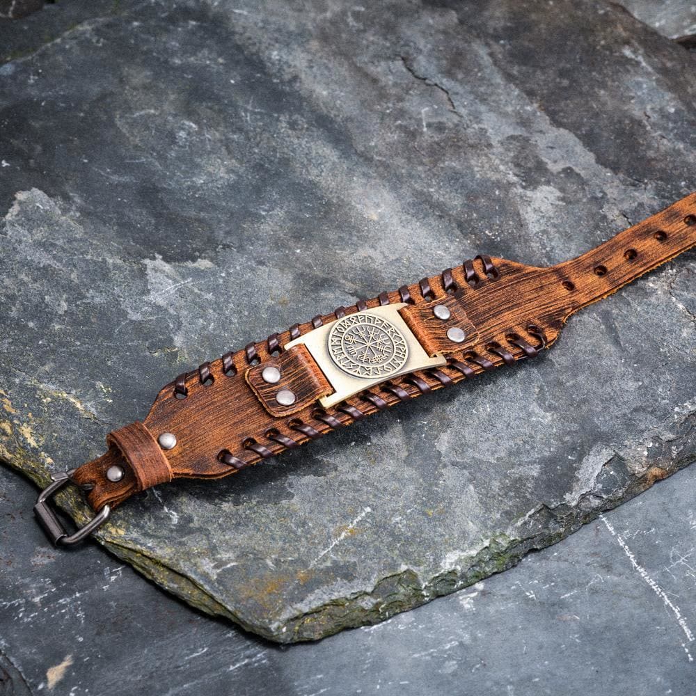 Genuine Leather Buckle Arm Cuff Vegvisir Metal Bracelet