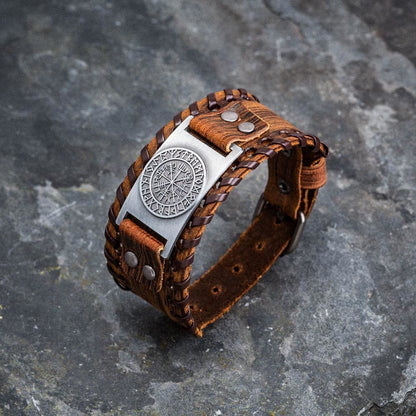 Genuine Leather Buckle Arm Cuff Vegvisir Metal Bracelet