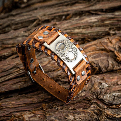 Genuine Leather Buckle Arm Cuff Yggdrasil Metal Bracelet