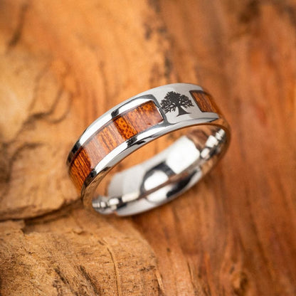 Stainless Steel Yggdrasil And Wood Inlay Ring