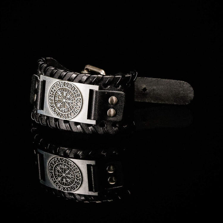 Genuine Leather Buckle Arm Cuff Vegvisir Metal Bracelet