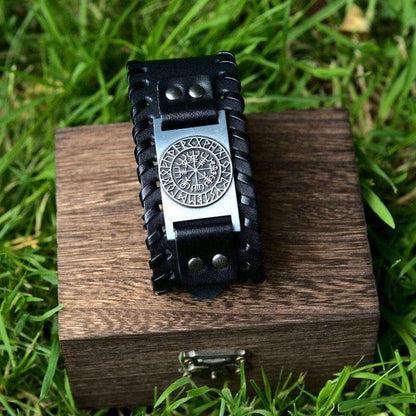 Genuine Leather Buckle Arm Cuff Vegvisir Metal Bracelet