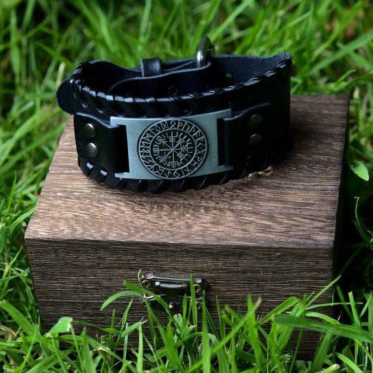 Genuine Leather Buckle Arm Cuff Vegvisir Metal Bracelet