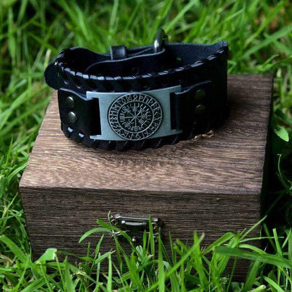 Genuine Leather Buckle Arm Cuff Vegvisir Metal Bracelet