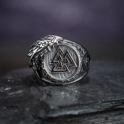 Men's Viking Raven And Valknut Ring