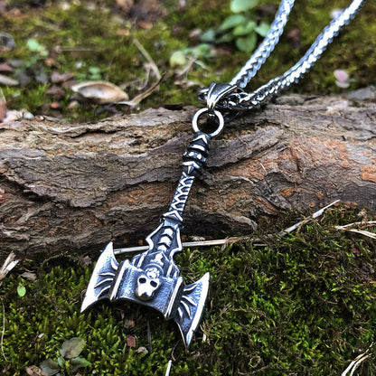 Norse Skull Viking Double Axe Necklace