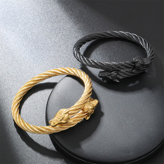 Wolf Head Twisted Open Bracelet