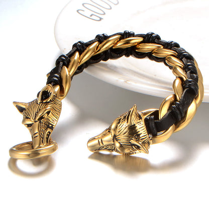 Wolves Head Interwoven Leather Chain Bracelet