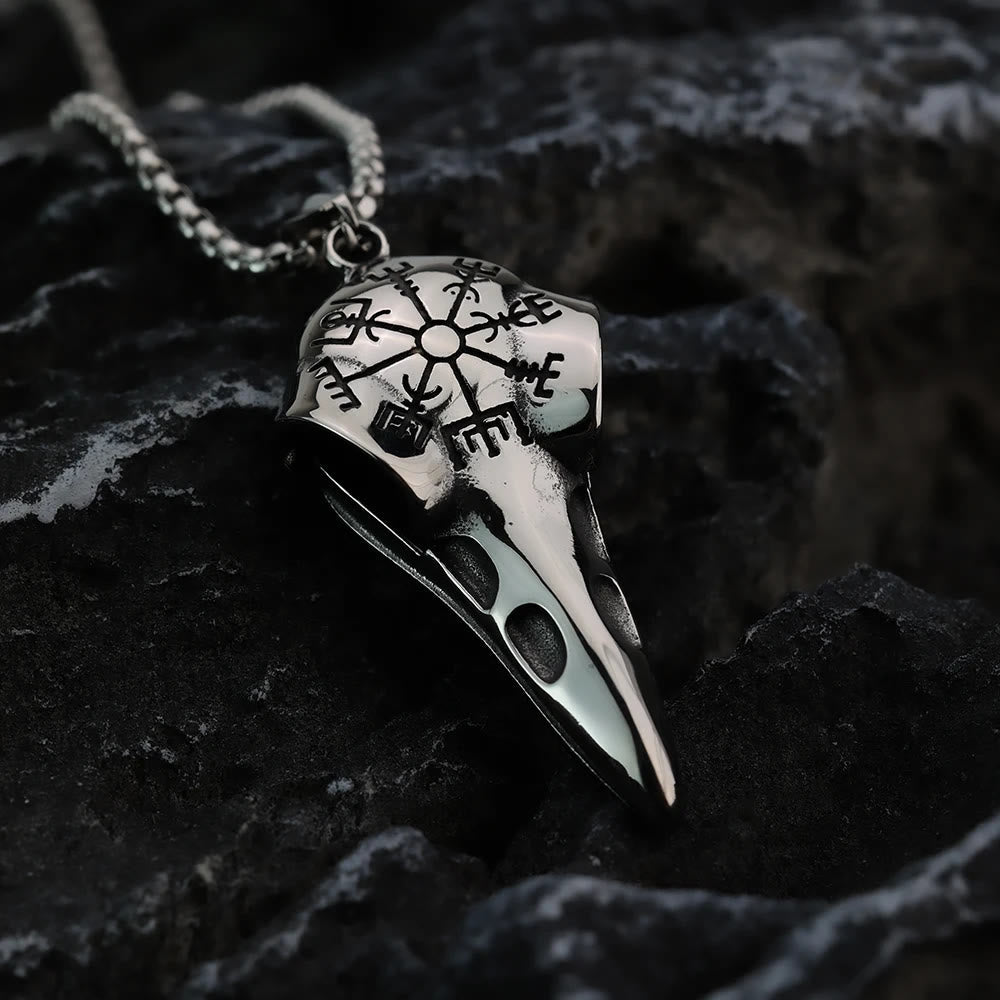 Raven Crow Head Vegvisir Necklace