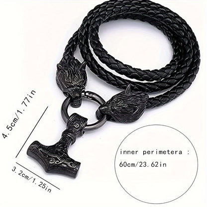 Viking Mjolnir Wolf Leather Rope Necklace