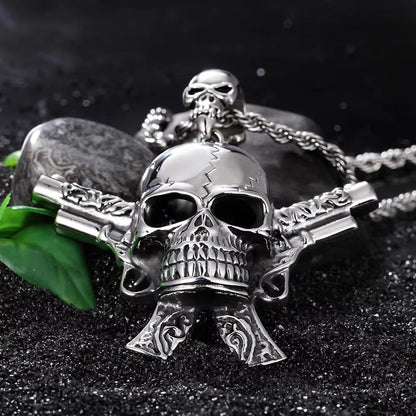 Cracked Skull Crossed Pistols Necklace