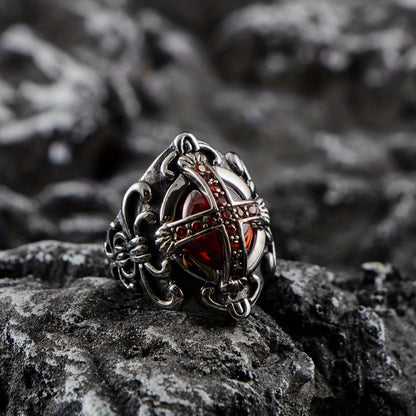 Gothic Red Stone Cross Ring