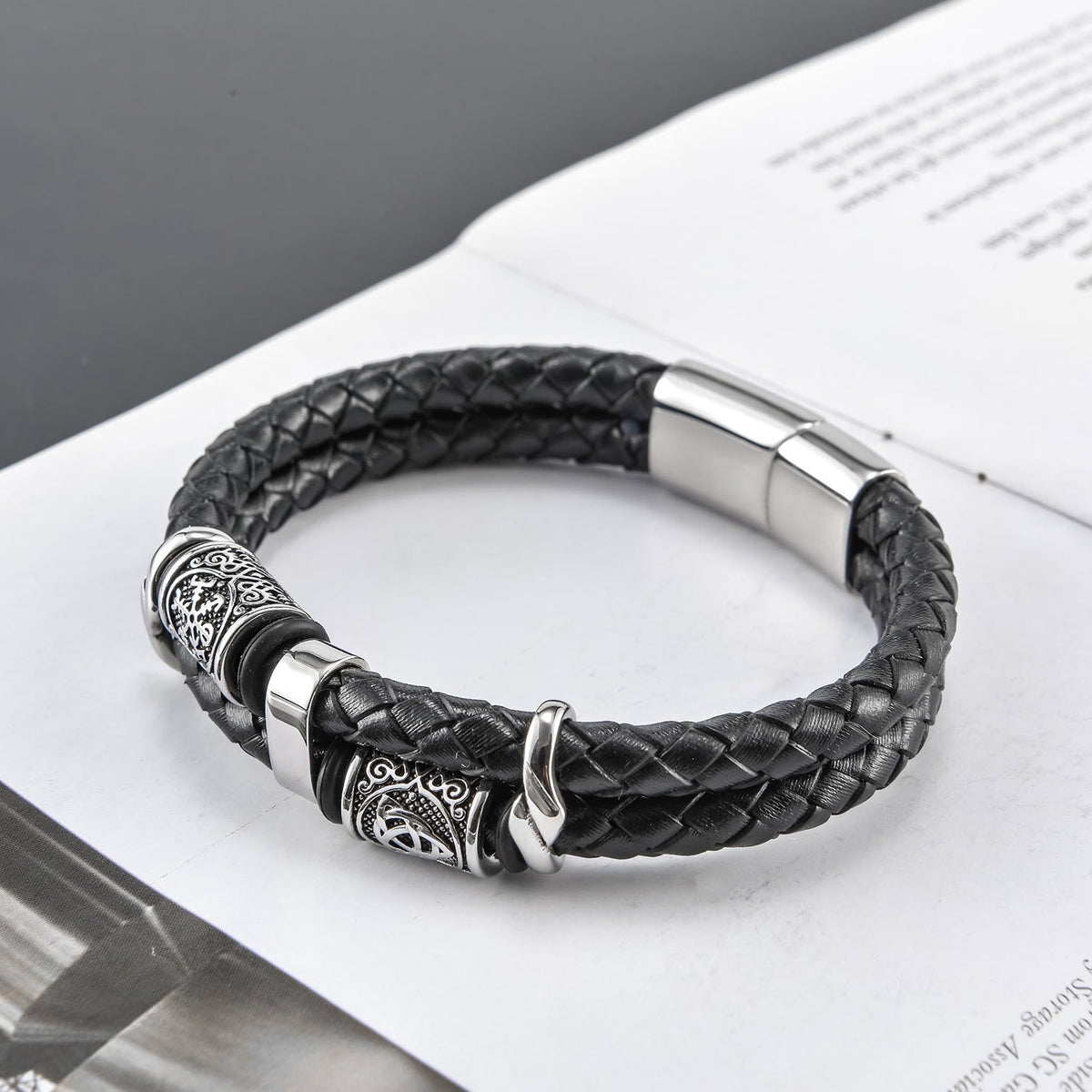 Norse Symbol Magnetic Clasp Braided Leather Bracelet