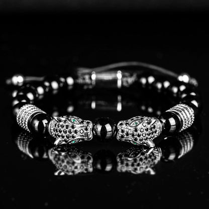 Double Leopard Head Roman Numerals Beaded Bracelet
