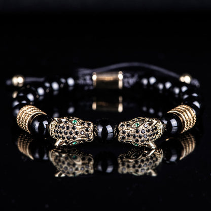 Double Leopard Head Roman Numerals Beaded Bracelet