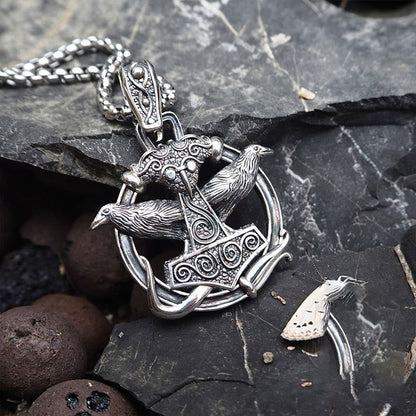 Handcrafted 925 Silver Mjolnir Huginn and Muninn Necklace