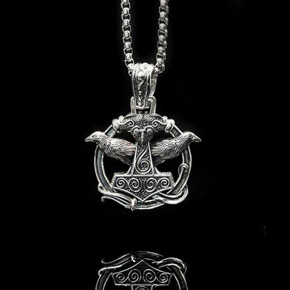 Handcrafted 925 Silver Mjolnir Huginn and Muninn Necklace