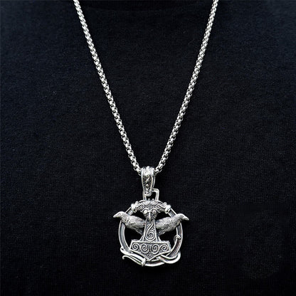 Handcrafted 925 Silver Mjolnir Huginn and Muninn Necklace