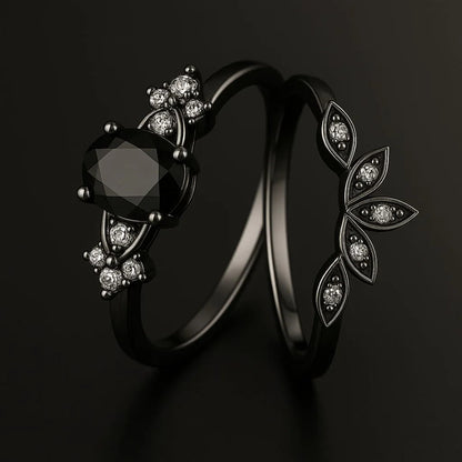 Black Onyx Tear Crown Ring Set