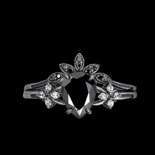 Black Onyx Tear Crown Ring Set