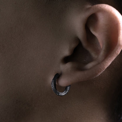 Handcrafted 925 Silver Viking Textured Black Hoop Earrings