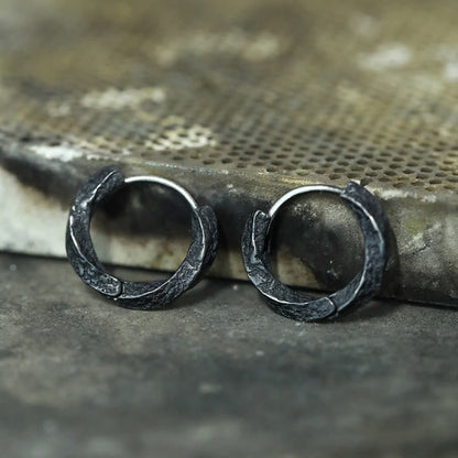 Handcrafted 925 Silver Viking Textured Black Hoop Earrings