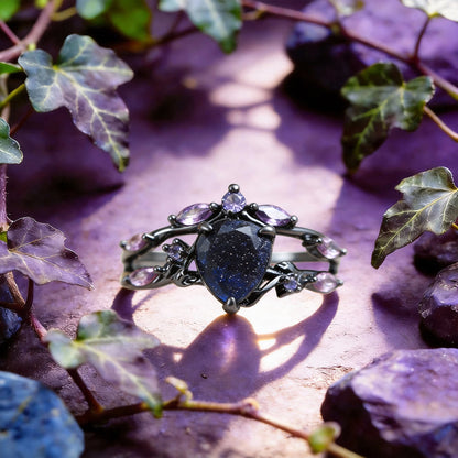 Starry Night Dream Blue Sandstone Amethyst 2-Piece Ring Set