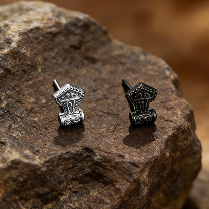 Mjolnir Carved Vintage Stud Earrings
